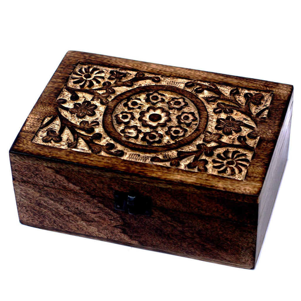 Floral Carved Mango Wood Box for 24 Oil Bottles