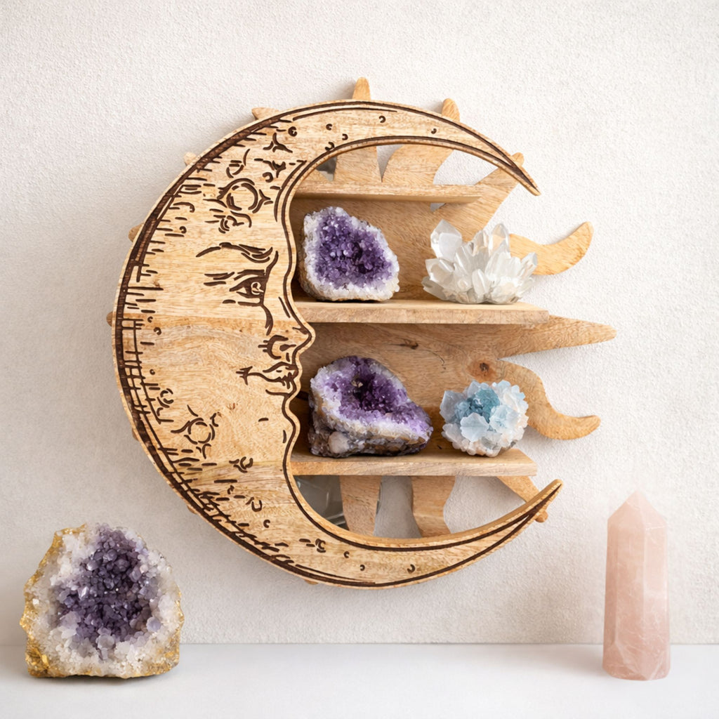 Mango Wood Sun and Moon 3-Tier Wall Shelf – view 3