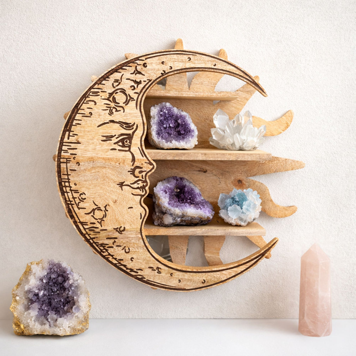 Mango Wood Sun and Moon 3-Tier Wall Shelf – view 3