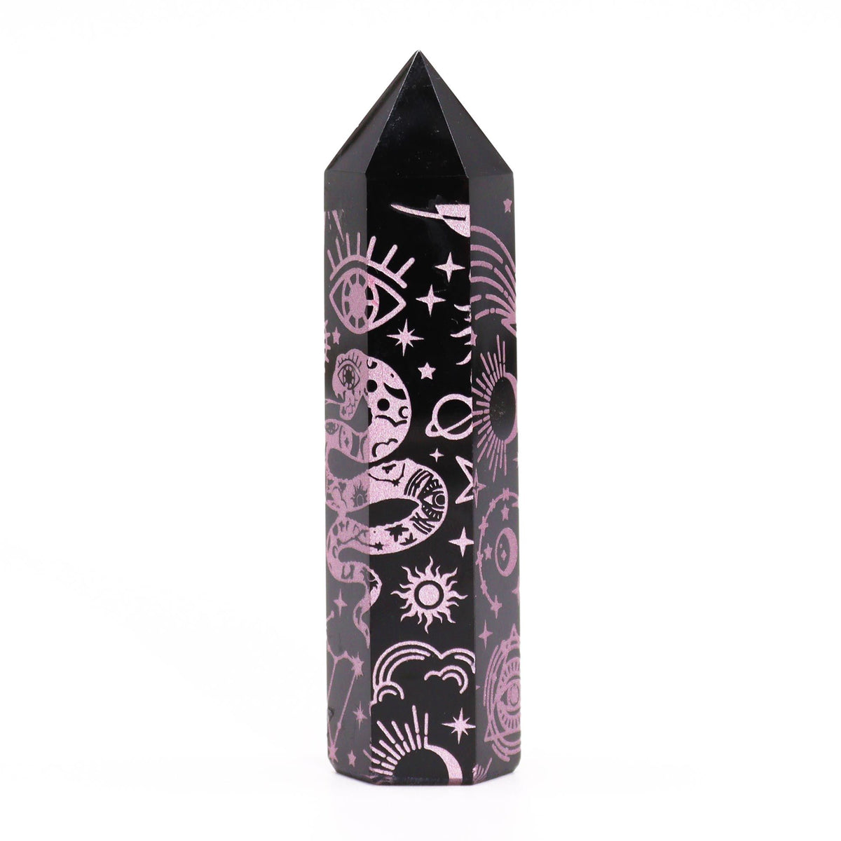 Engraved Black Obsidian Point - Rose Pink Celestial Symbols – view 5