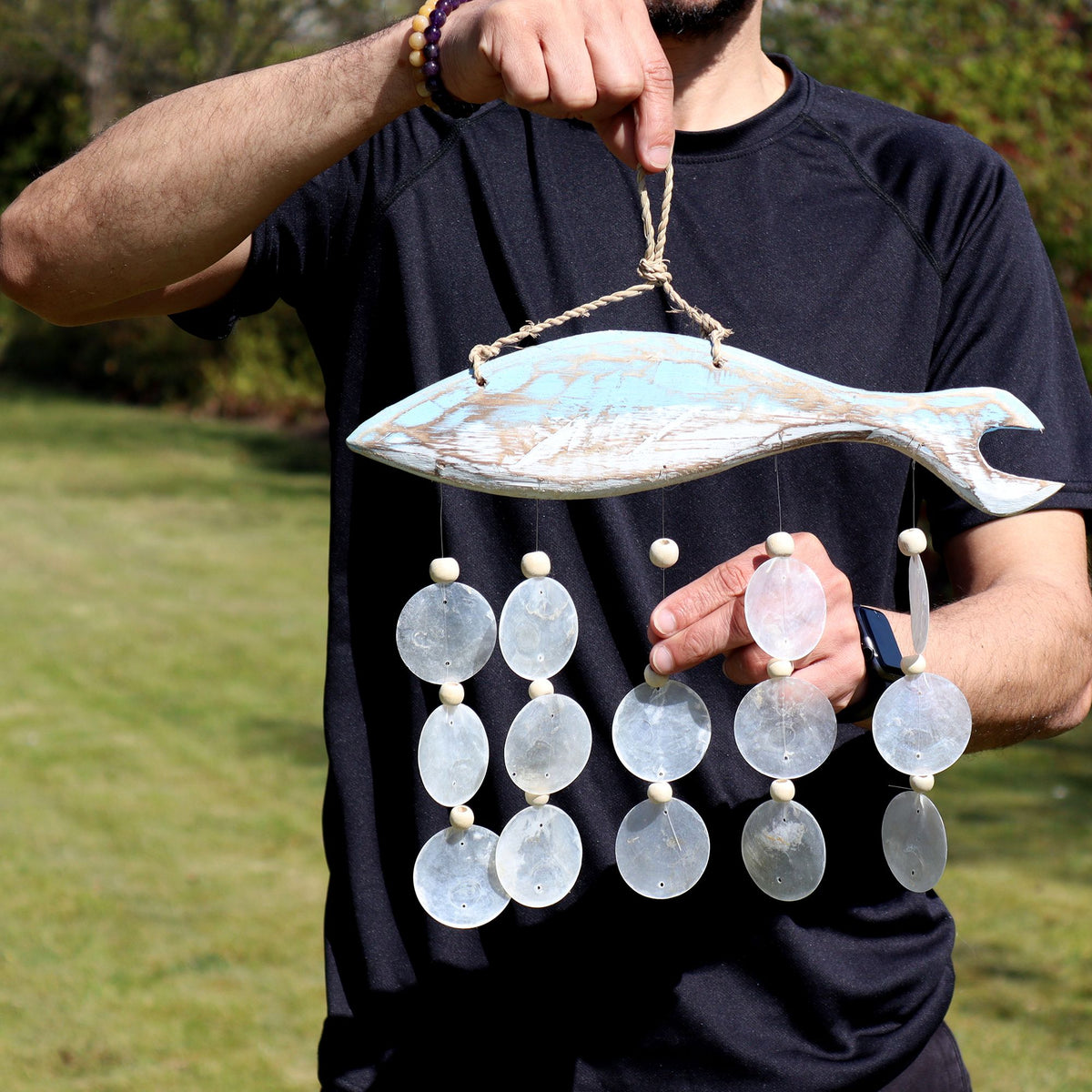 Bluewash Fish Carving & Natural Capiz Wind Chime