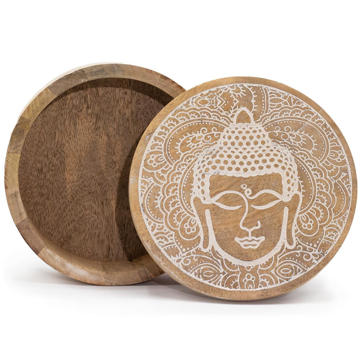 Mango Wood Round Box, Buddha Face Whitewash