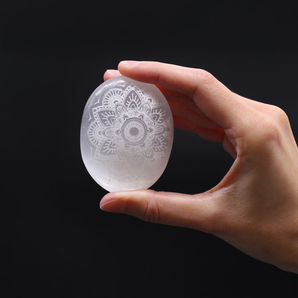 Selenite Palm Stone with Mandala Engraving