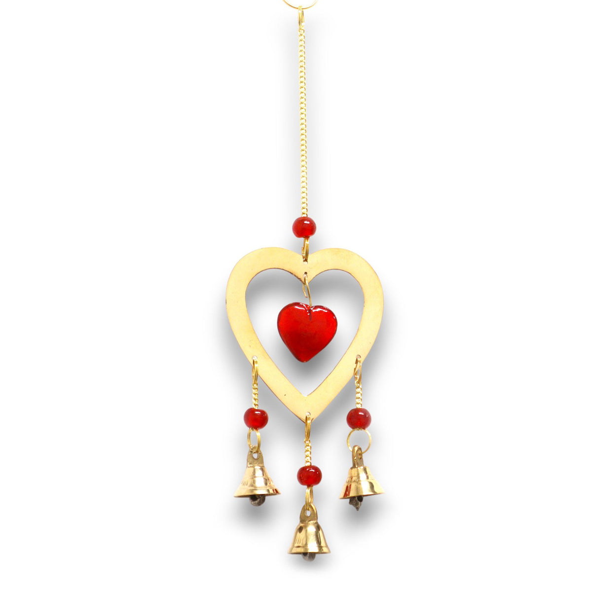 Brass Wind Chime with Ruby Glass Heart Beads, 6.5x24cm