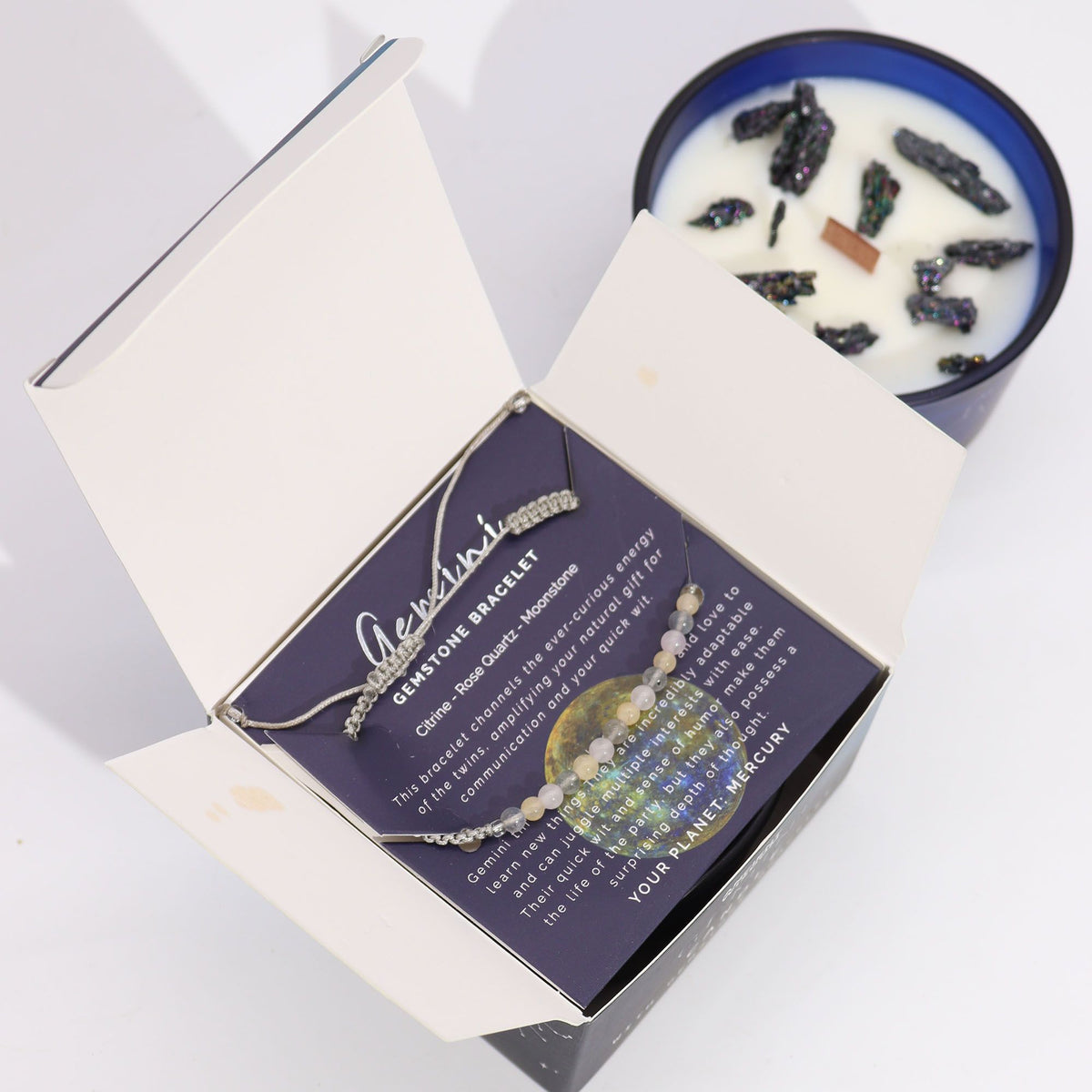 Gemini Zodiac Crystal Candle with Gemstone Bracelet – view 4