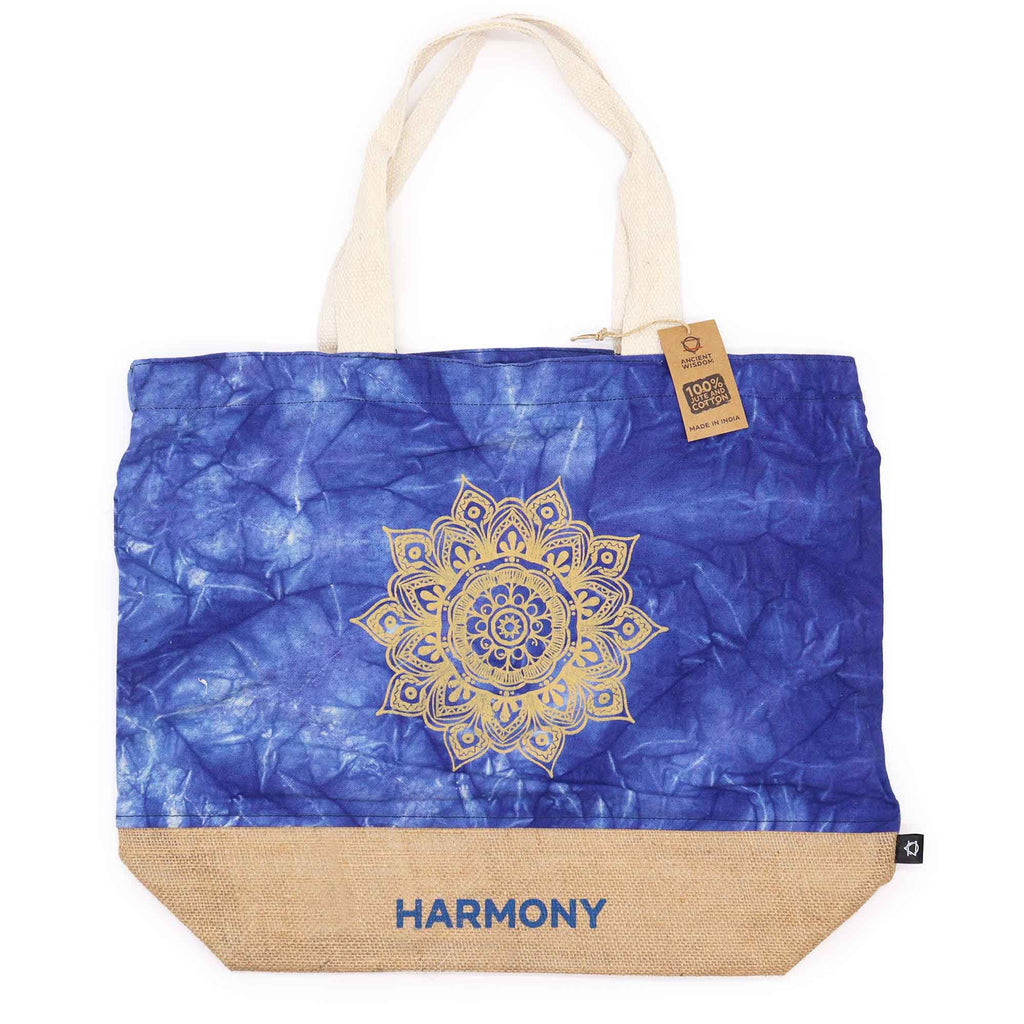 Jute and Cotton Tote Bag - Blue Stonewash Mandala Harmony