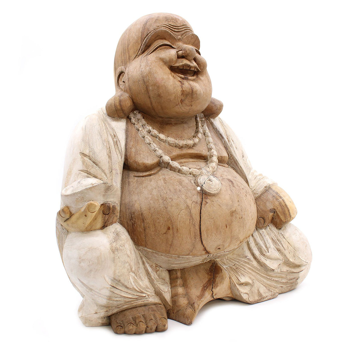 Hand Carved Happy Buddha Statue, Whitewash, 50cm – view 3