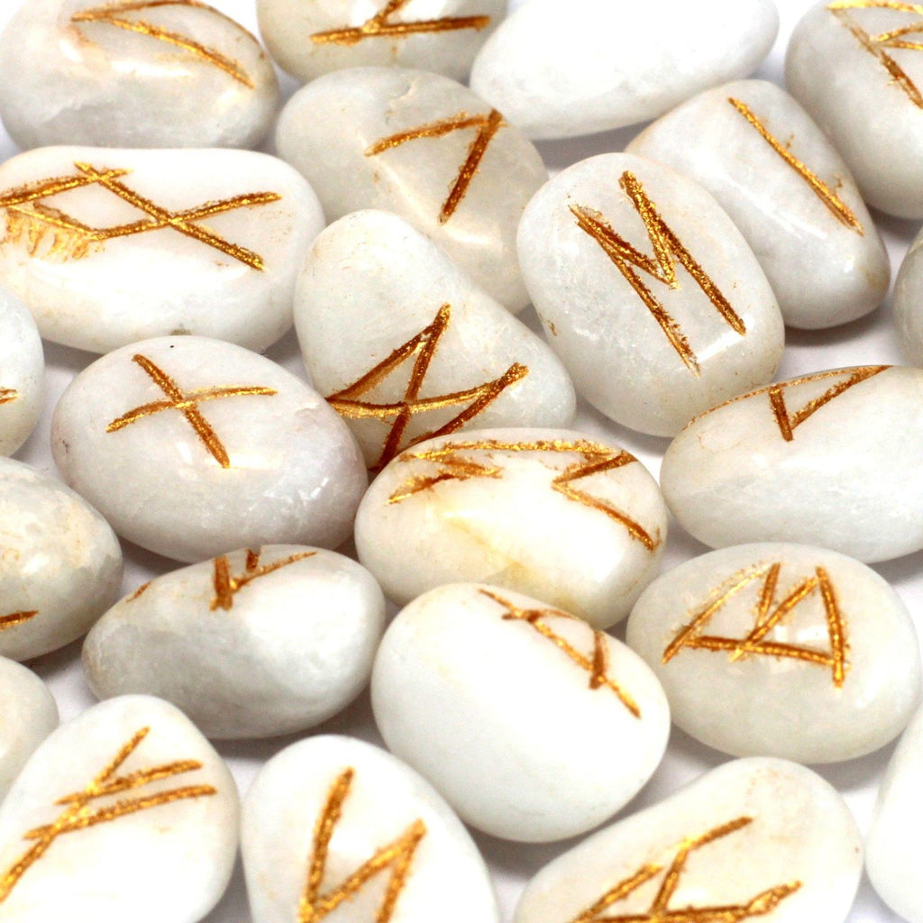 White Agate Rune Stone Set in Cotton Pouch