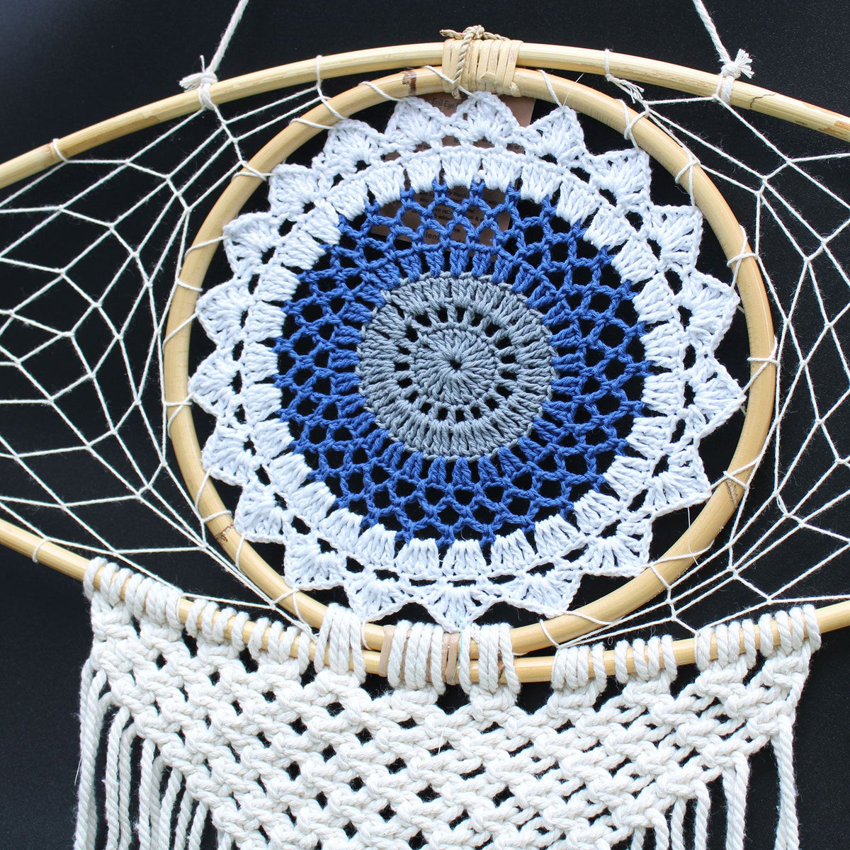 Large Macrame Eye Dream Catcher - White, Blue & Grey – view 5