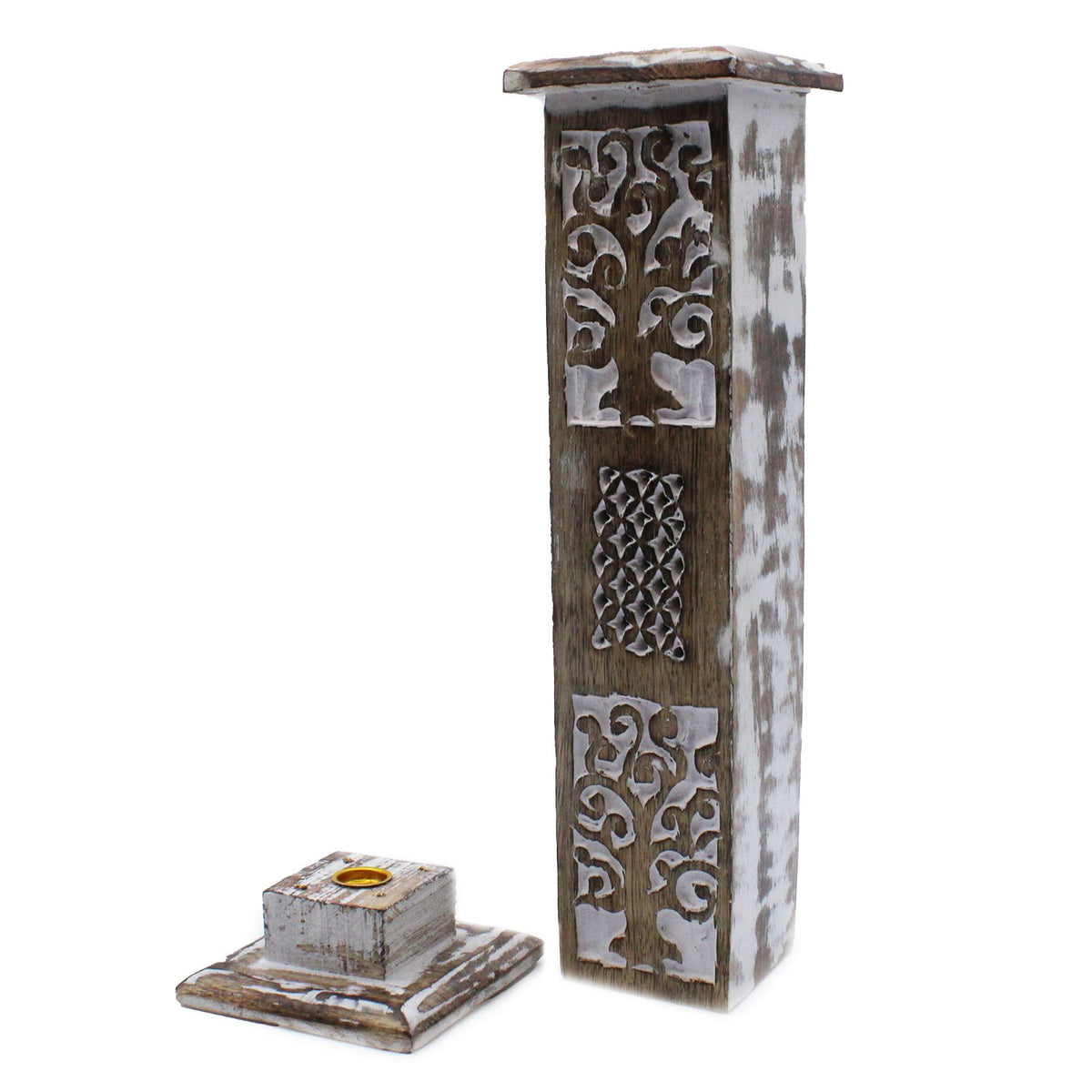 Whitewashed Mango Wood Incense Holder - Smoke Tower 30cm – view 4