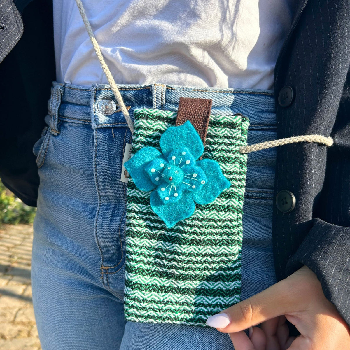 Cotton Phone Holder Bag with Flower Print, Green Stripes – view 3