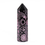 Engraved Black Obsidian Point - Rose Pink Celestial Symbols – view 4
