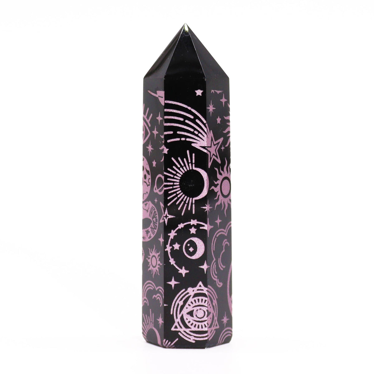 Engraved Black Obsidian Point - Rose Pink Celestial Symbols – view 4