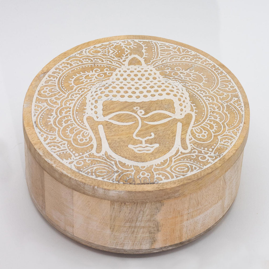 Mango Wood Round Box, Buddha Face Whitewash – view 2