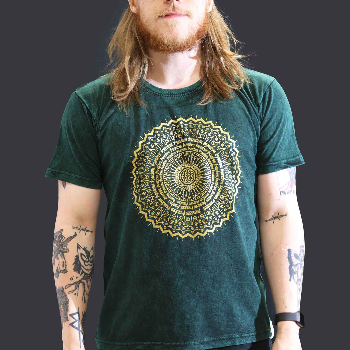Nomad Sari Stonewashed Cotton T-Shirt – Mandala – Green – Large – view 2