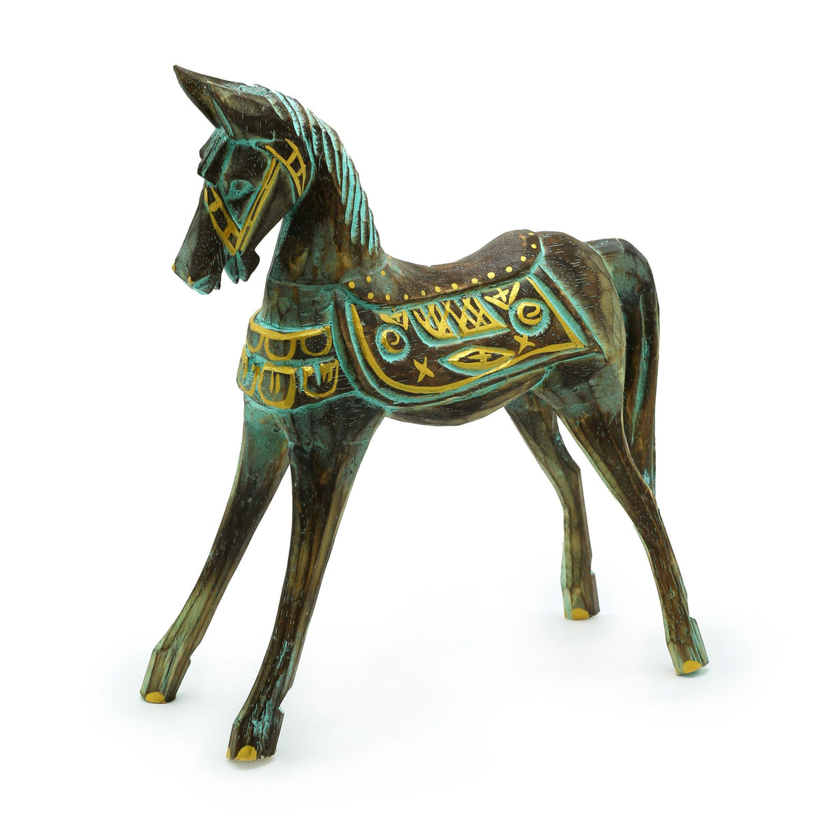 Large Gold and Turquoise Wood Horse, 32 cm