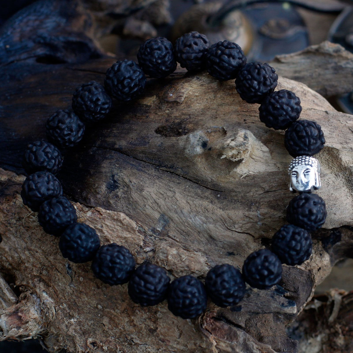Rudraksha Buddha Bangle Mala - Dark Wood Beads – view 6