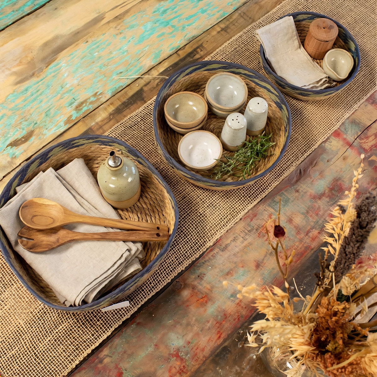 Straw & Seagrass Tray Baskets, Green and Blue, Set of 3 – view 7