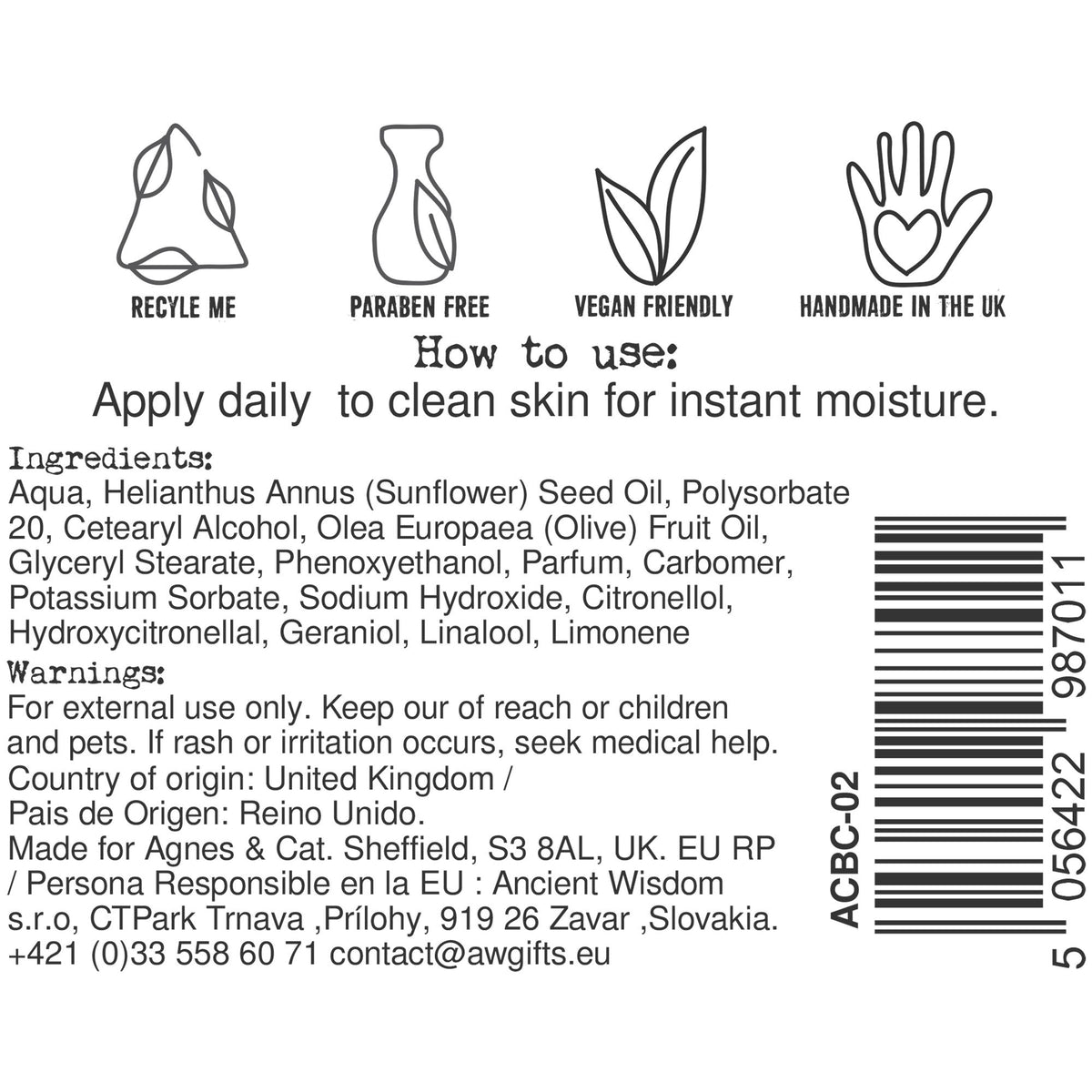 Agnes + Cat Hand & Body Cream - Sea Salt & Moss - 300ml