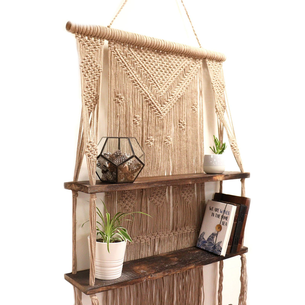 Macrame Hanging Shelf - Brown Wood, Brown Rope, 150 cm – view 9