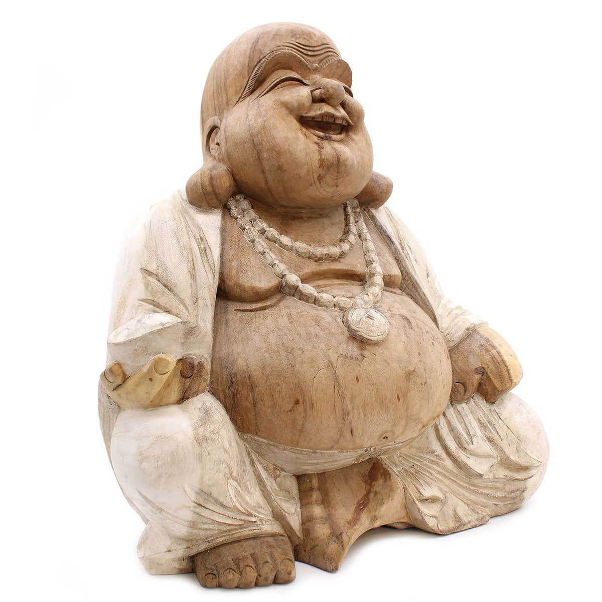 Hand Carved Happy Buddha Statue, Whitewash, 50cm – view 2