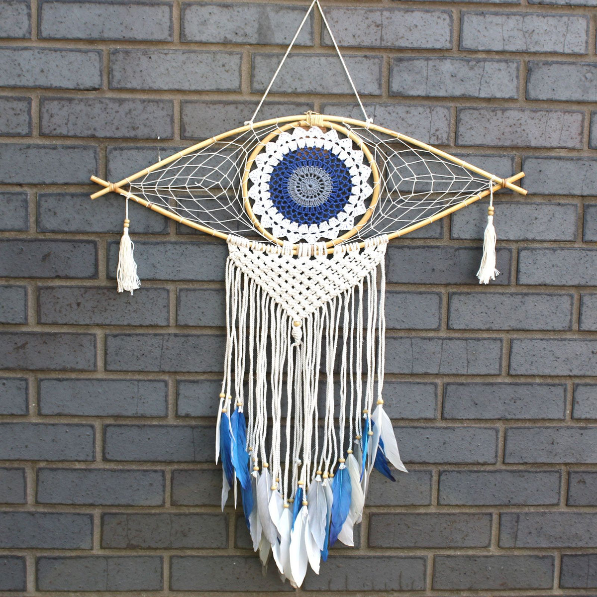 Large Macrame Eye Dream Catcher - White, Blue & Grey – view 2