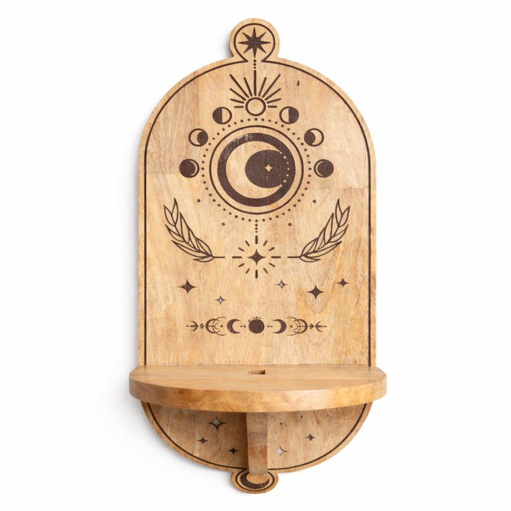 Mango Wood Moon Phase Arch Wall Shelf with Tree