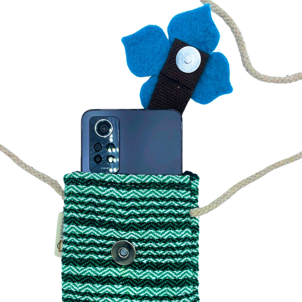Cotton Phone Holder Bag with Flower Print, Green Stripes – view 2