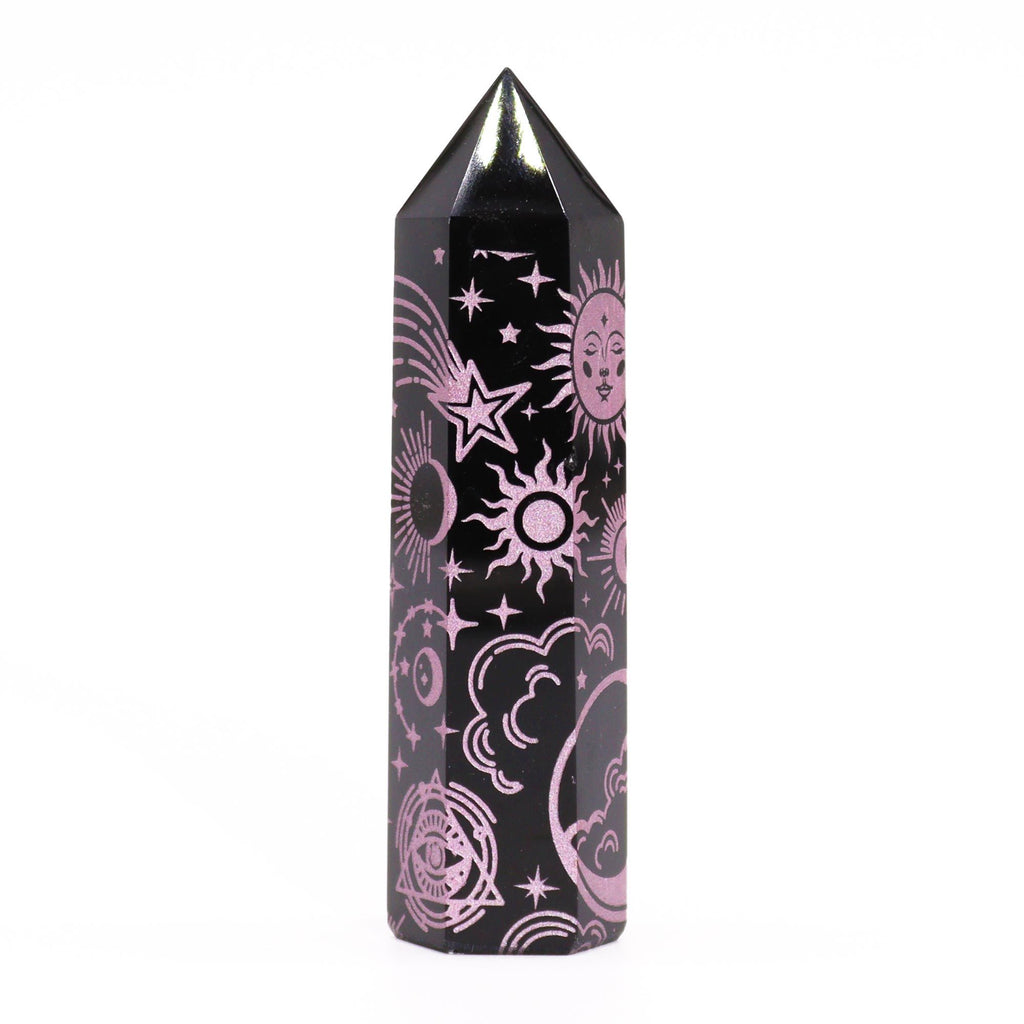 Engraved Black Obsidian Point - Rose Pink Celestial Symbols