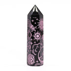 Engraved Black Obsidian Point - Rose Pink Celestial Symbols