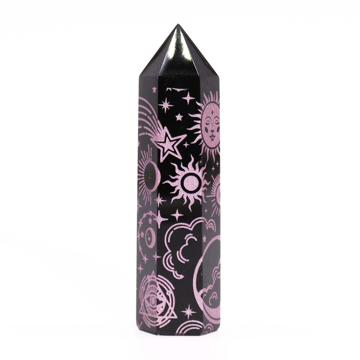 Engraved Black Obsidian Point - Rose Pink Celestial Symbols