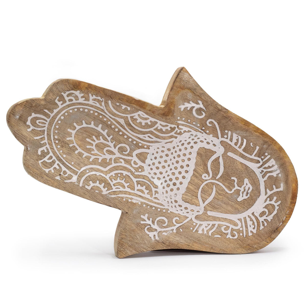 Mango Wood Hamsa-Shaped Tray with Buddha, Whitewash