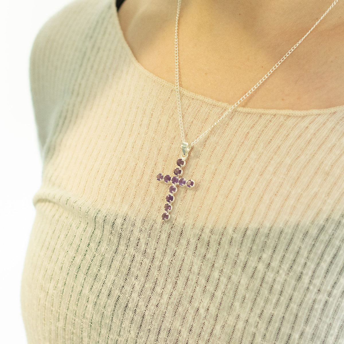 Amethyst Crucifix Pendant - Silver Plated 45cm Chain