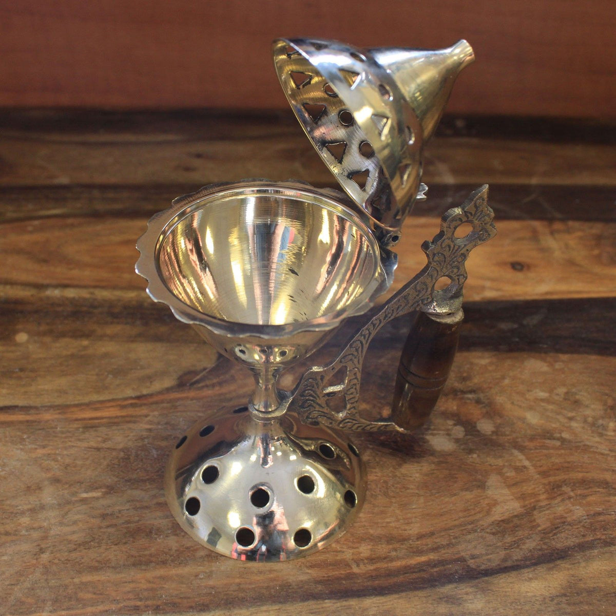 Large Brass Cone Incense Burner with Handle – view 2