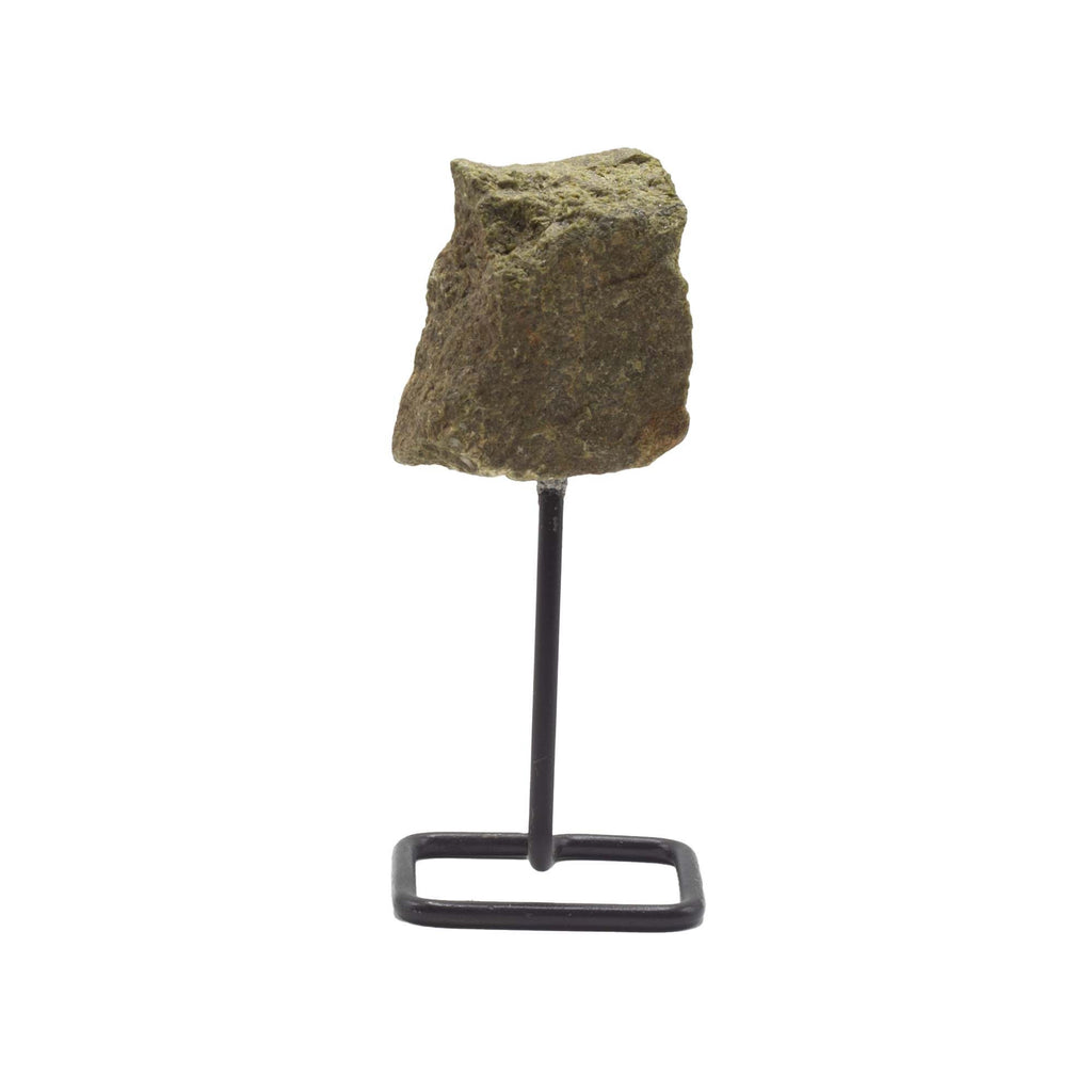 Epidote Mineral Specimen on Black Metal Stand – view 2