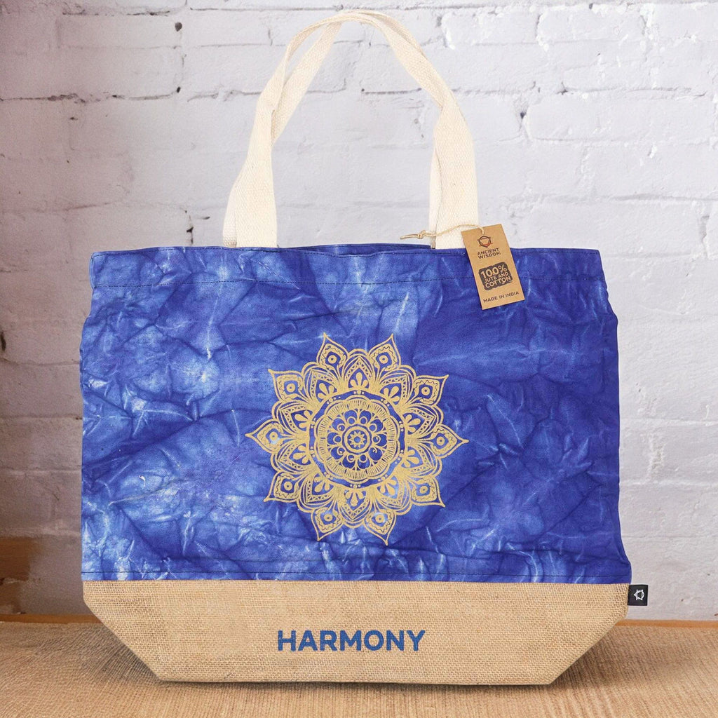 Jute and Cotton Tote Bag - Blue Stonewash Mandala Harmony – view 2