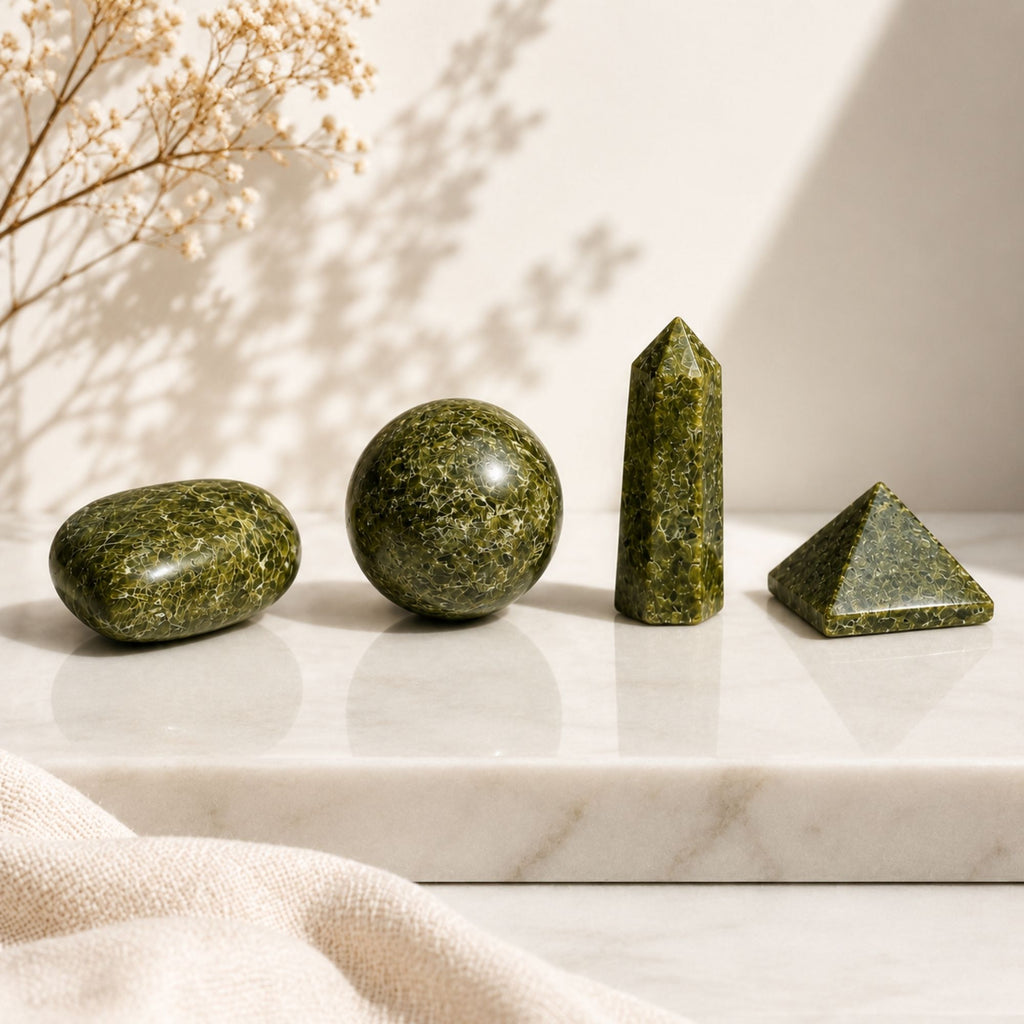 Epidote Gemstone Shapes Set - Heart, Sphere, Obelisk, Pyramid – view 4