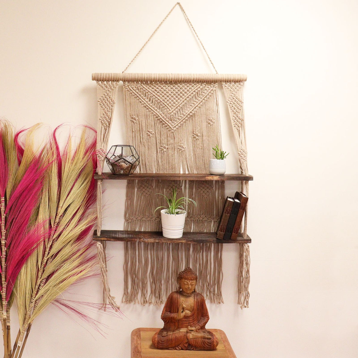 Macrame Hanging Shelf - Brown Wood, Brown Rope, 150 cm – view 6