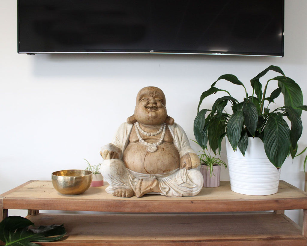 Hand Carved Happy Buddha Statue, Whitewash, 50cm