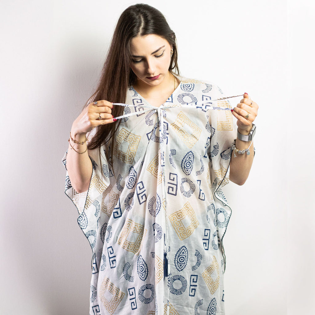 Nomad Sari Kaftan with Gold & Blue Greek Motif – view 6