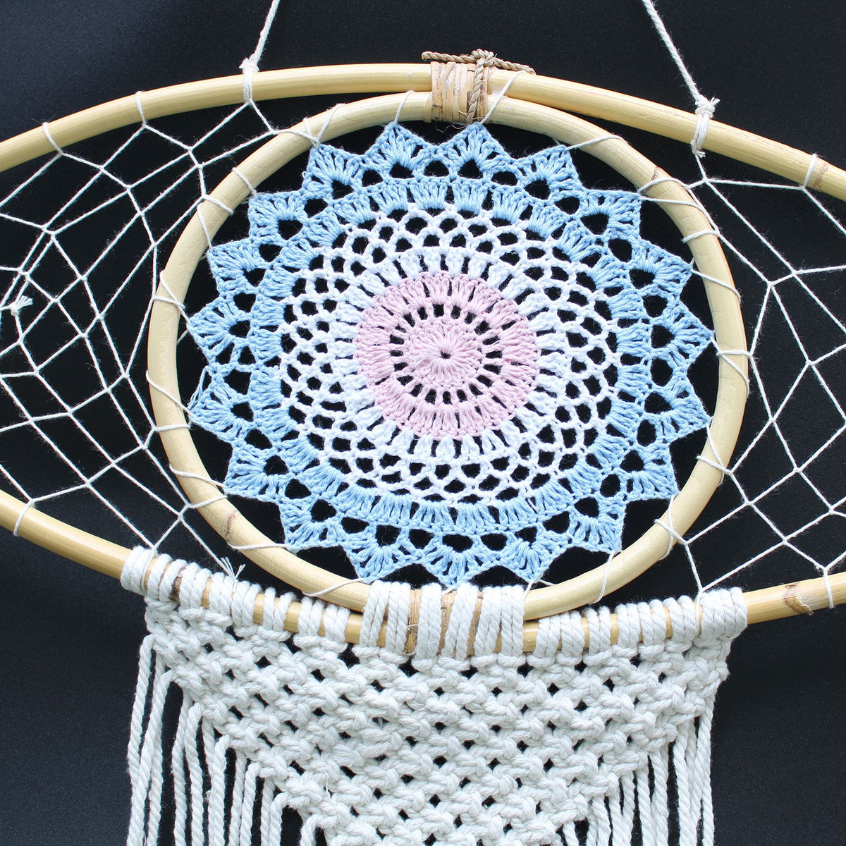 Large Macrame Eye Dream Catcher - White, Blue & Grey – view 3
