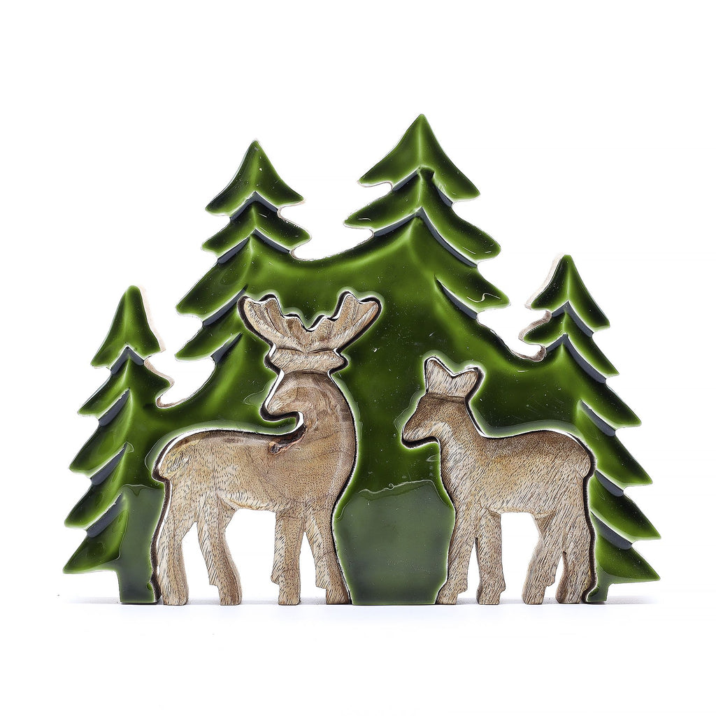 Two Deer in the Forest Wooden Decoration - 18 x 23 cm