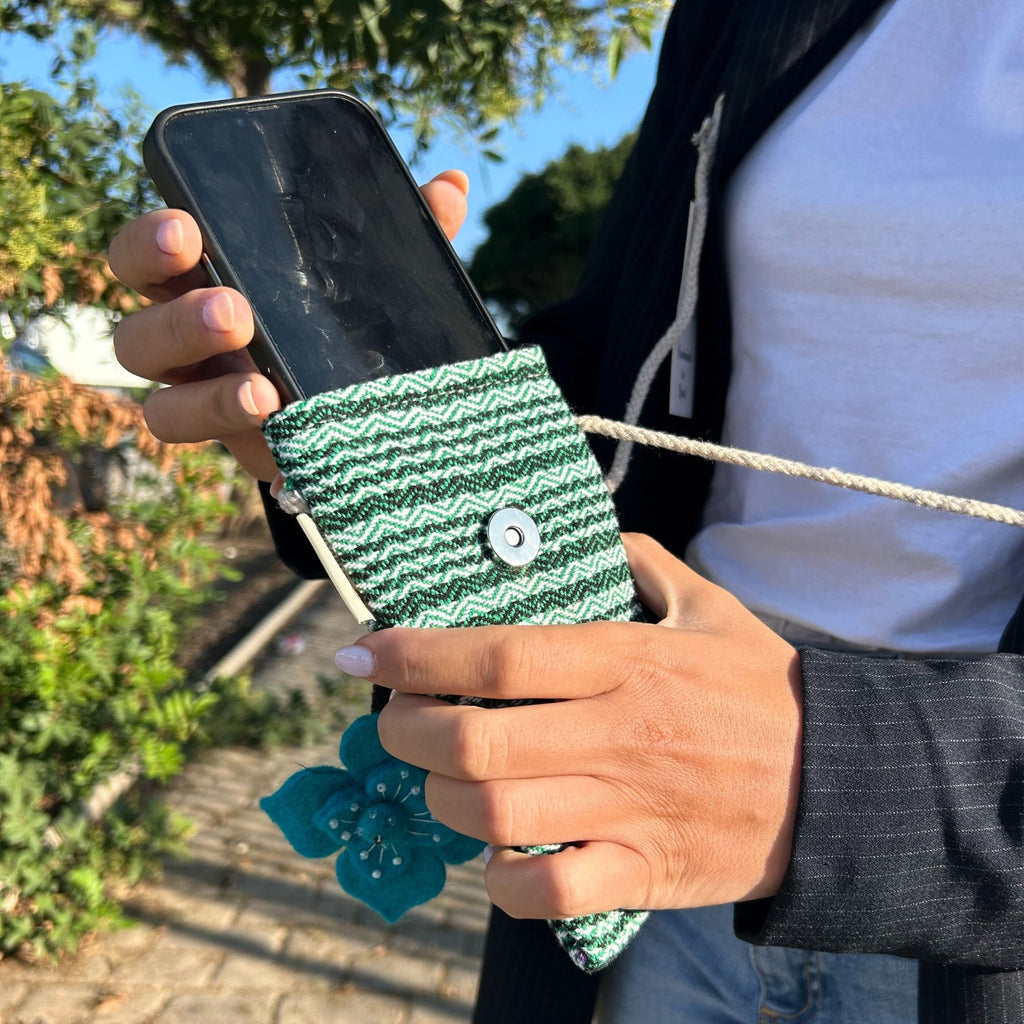 Cotton Phone Holder Bag with Flower Print, Green Stripes – view 4