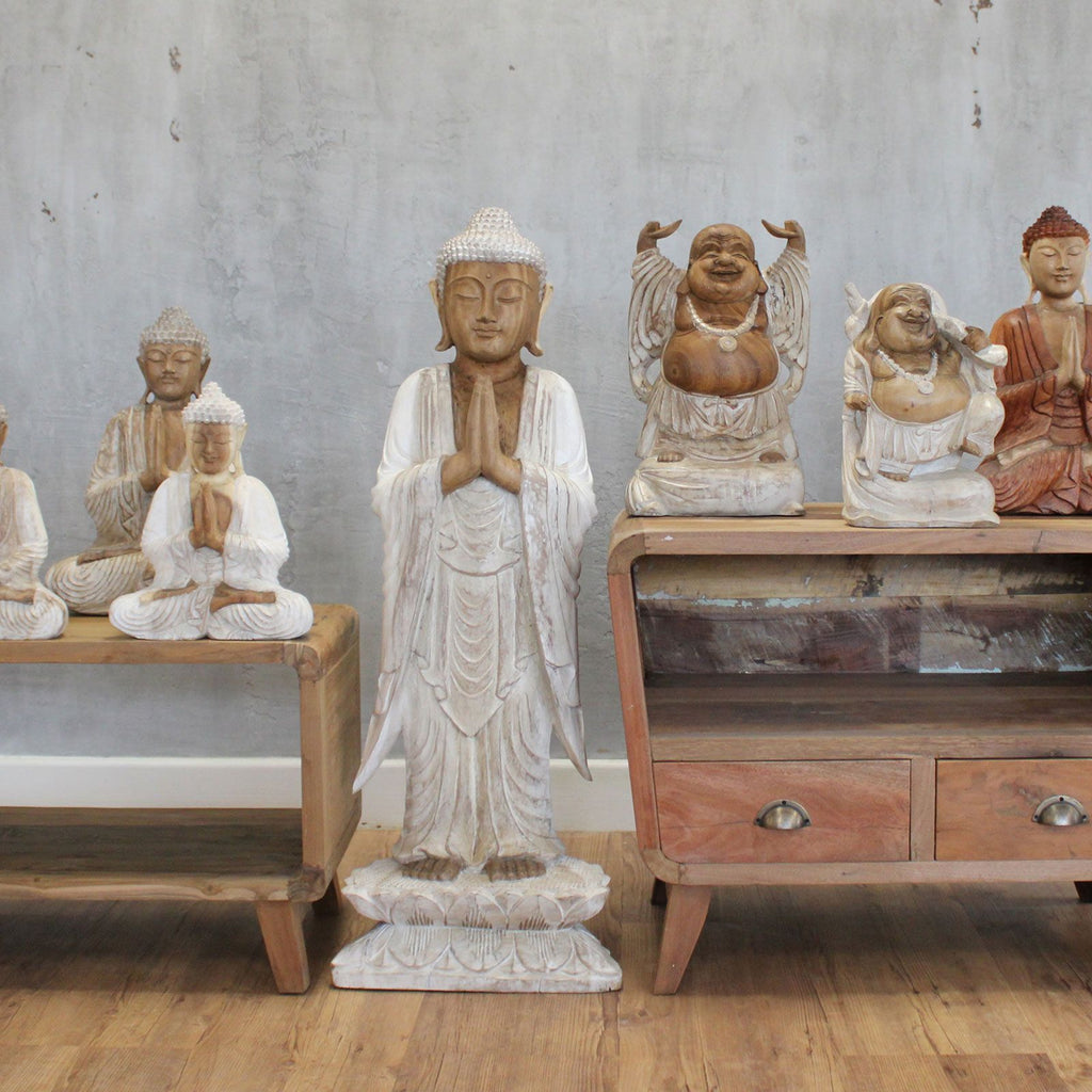 Hand Carved Buddha Statue, Welcome Pose, Whitewash, 100cm – view 5