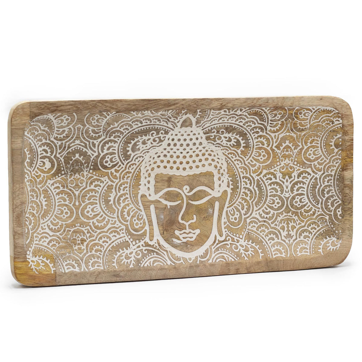 Mango Wood Long Tray 30x15cm, Buddha Face Whitewash