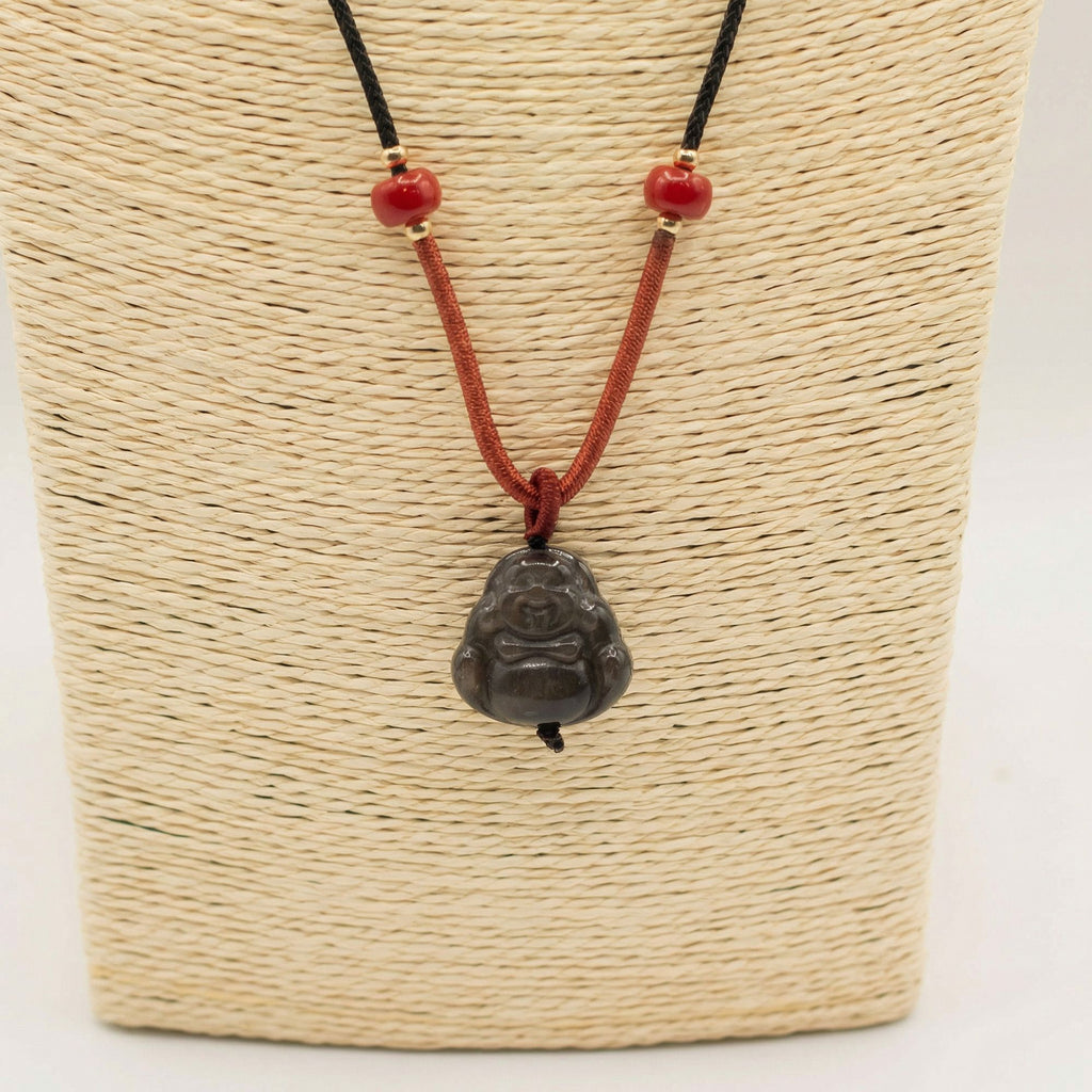 Silver Obsidian Buddha Cord Necklace Pendant – view 4