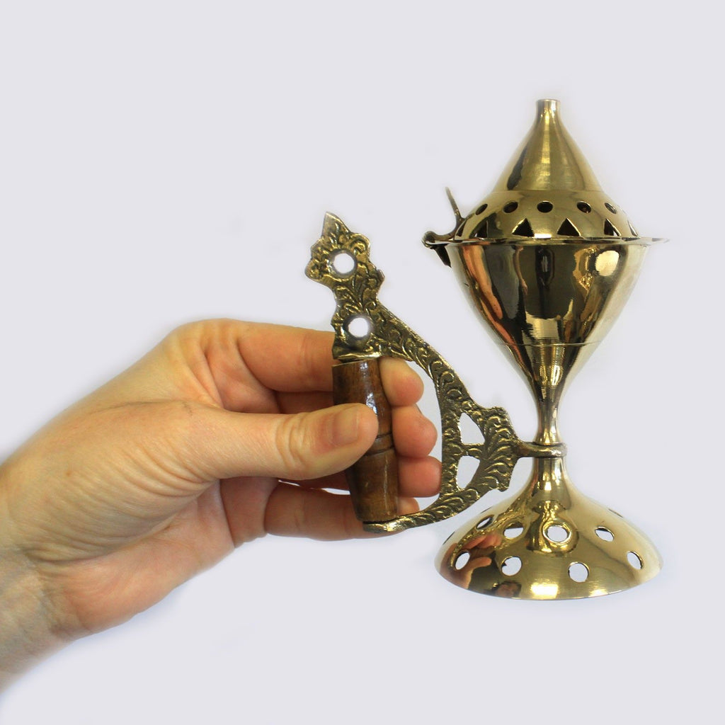 Large Brass Cone Incense Burner with Handle – view 3