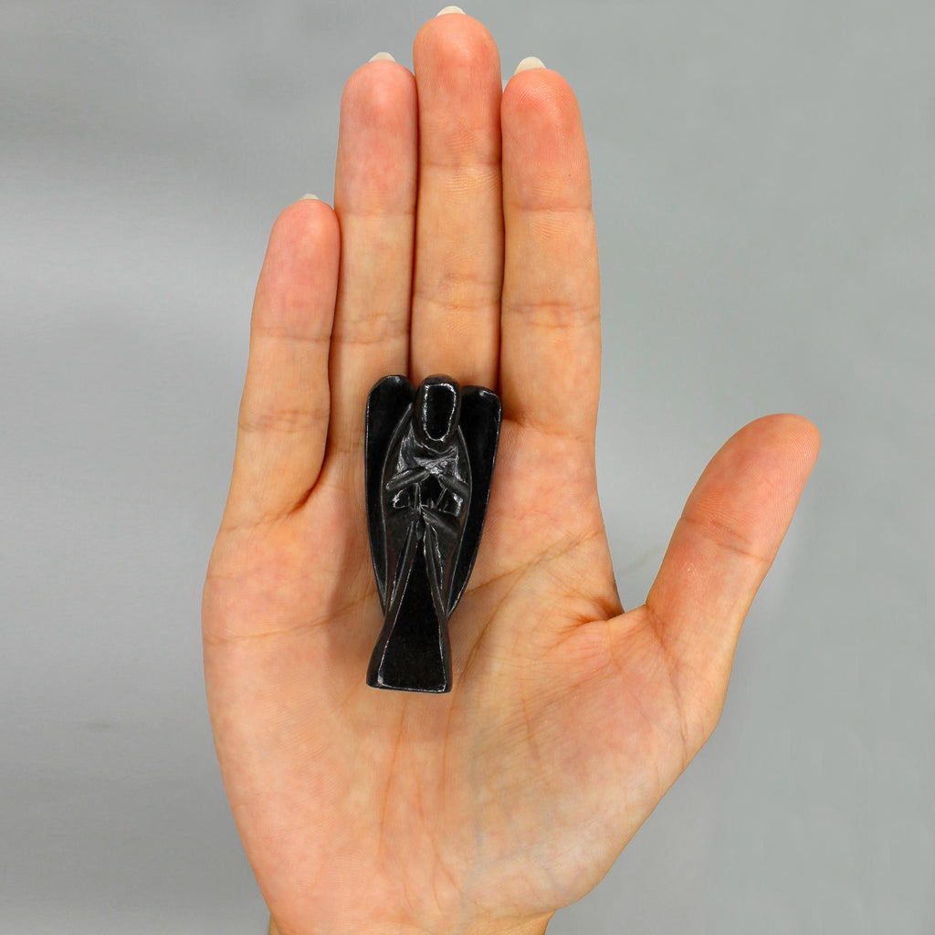 Hand Carved Black Agate Gemstone Angel Figure