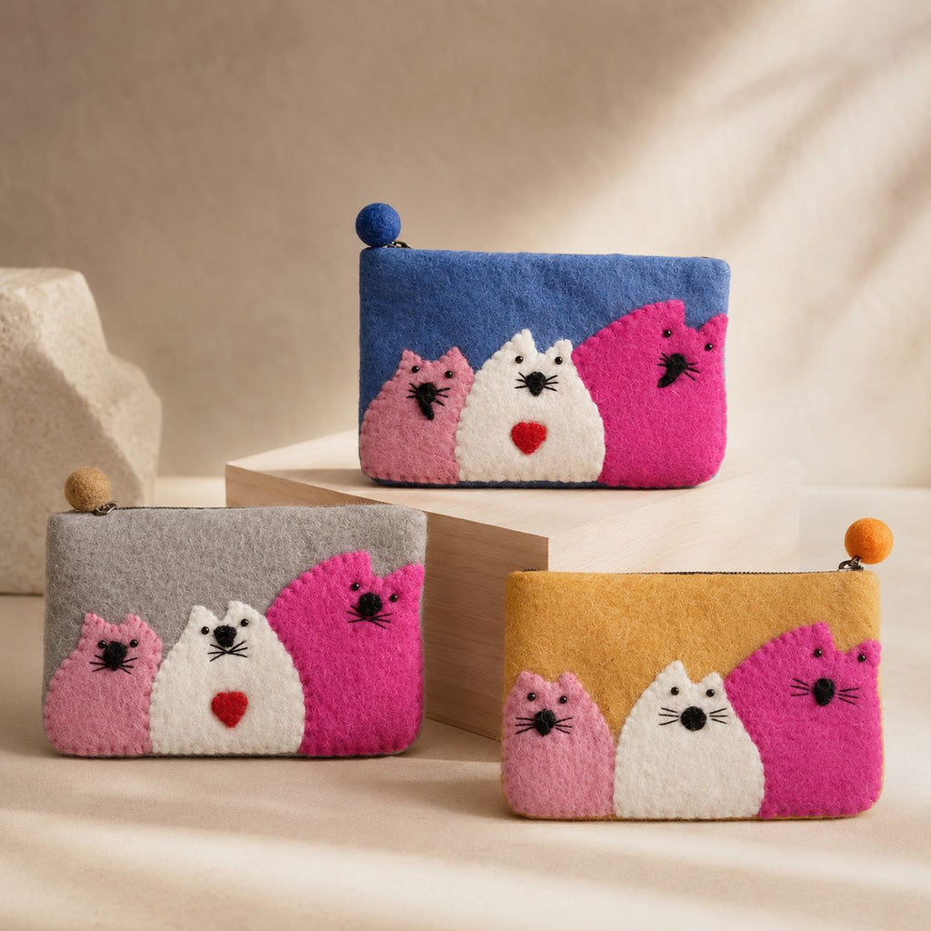 Felt Zipper Pouches Three Fat Cats Set of 3