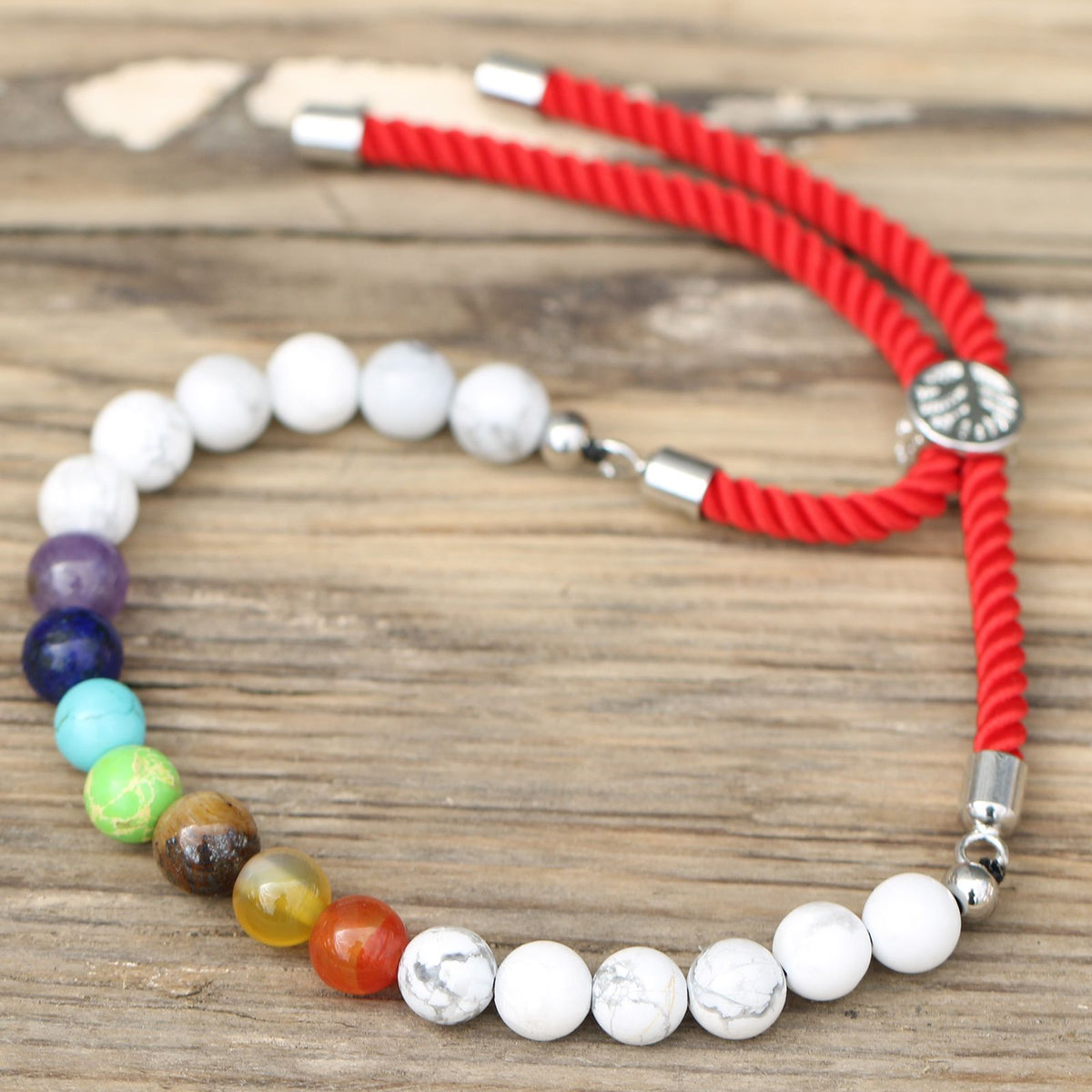 White Howlite Chakra Bead Bracelet on Red Cord – view 3